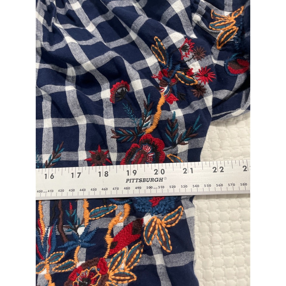 Zara Trafaluc Navy Gingham Embroidered Tassel Boho Blouse XS - Picture 5 of 7